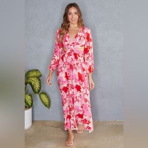 (50396-SPR-DST) SPRING FLORAL PRINT ELASTIC LONG SLEEVE MAXI DRESS